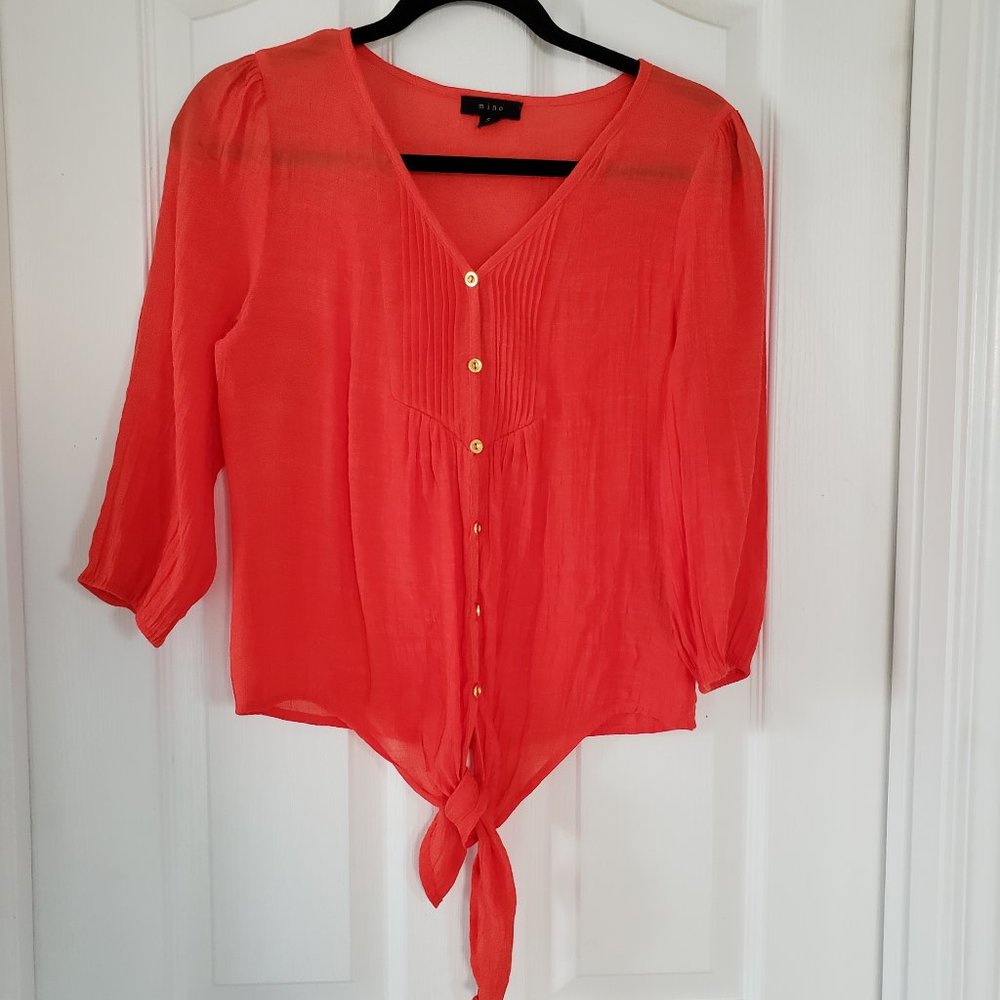 Mine Blouse Womens Small Orange V Neck Tie 3/4 Sleeve Beachy Classic Career